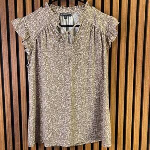 Adrianna Papell Brown Dot Cottage core Flutter Sleeve Tie Neck Blouse M